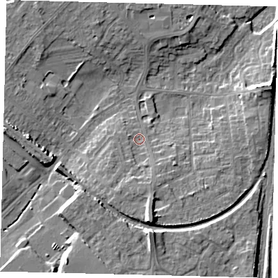Shaded relief map of the ground around PE29DU, computed from Environment Agency LiDAR. The ground here sits at about 10 m above sea level and falls 12 m across the surrounding 800 m. Surface water reaching this point runs off ground lying to the south, 7.0 m higher.