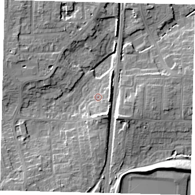 Shaded relief map of the ground around PE29DW, computed from Environment Agency LiDAR. The ground here sits at about 8 m above sea level and falls 12 m across the surrounding 800 m. Surface water reaching this point runs off ground lying to the south-south-east, 8.3 m higher.