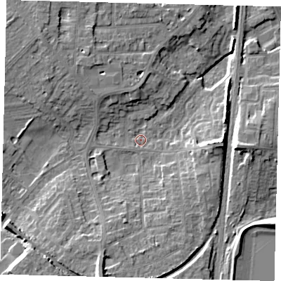 Shaded relief map of the ground around PE29DX, computed from Environment Agency LiDAR. The ground here sits at about 8 m above sea level and falls 12 m across the surrounding 800 m. Surface water reaching this point runs off ground lying to the south-south-west, 11.6 m higher.