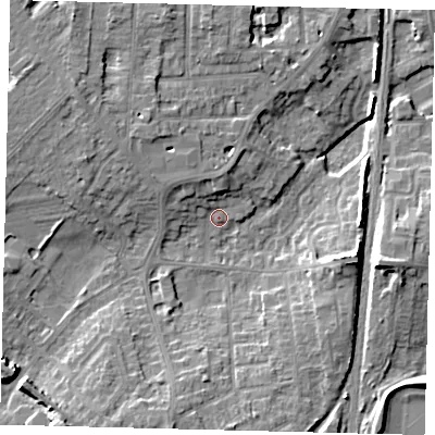 Shaded relief map of the ground around PE29DZ, computed from Environment Agency LiDAR. The ground here sits at about 8 m above sea level and falls 11 m across the surrounding 800 m. Surface water reaching this point runs off ground lying to the east-south-east, 10.5 m higher.