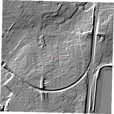Shaded relief map of the ground around PE29EA, computed from Environment Agency LiDAR. The ground here sits at about 10 m above sea level and falls 12 m across the surrounding 800 m. Surface water reaching this point runs off ground lying to the south-south-west, 7.6 m higher.