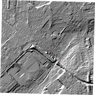 Shaded relief map of the ground around PE29HZ, computed from Environment Agency LiDAR. The ground here sits at about 11 m above sea level and falls 10 m across the surrounding 800 m. Surface water reaching this point runs off ground lying to the west, 4.9 m higher.