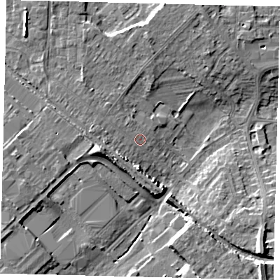 Shaded relief map of the ground around PE29JA, computed from Environment Agency LiDAR. The ground here sits at about 11 m above sea level and falls 10 m across the surrounding 800 m. Surface water reaching this point runs off ground lying to the west-south-west, 4.4 m higher.