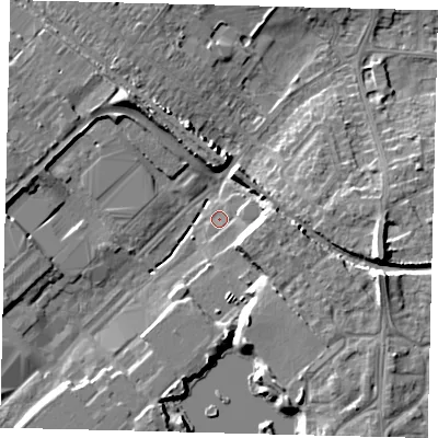 Shaded relief map of the ground around PE29JB, computed from Environment Agency LiDAR. The ground here sits at about 10 m above sea level and falls 10 m across the surrounding 800 m. Surface water reaching this point runs off ground lying to the south-south-east, 0.6 m higher.