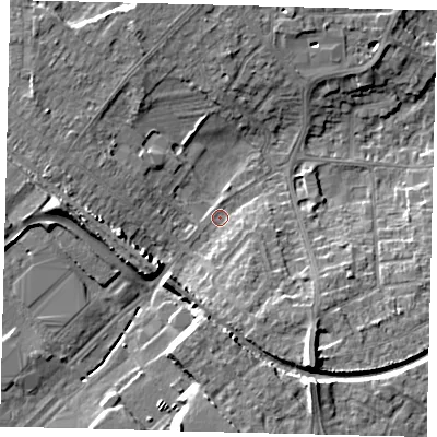 Shaded relief map of the ground around PE29JD, computed from Environment Agency LiDAR. The ground here sits at about 9 m above sea level and falls 10 m across the surrounding 800 m. Surface water reaching this point runs off ground lying to the south-south-east, 4.8 m higher.