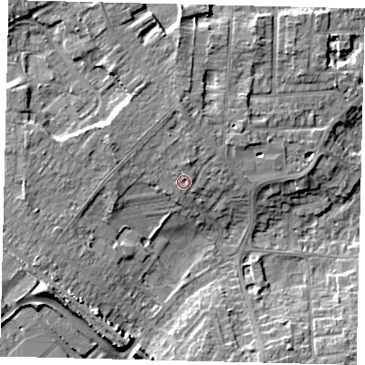 Shaded relief map of the ground around PE29JG, computed from Environment Agency LiDAR. The ground here sits at about 11 m above sea level and falls 9 m across the surrounding 800 m. Surface water reaching this point runs off ground lying to the north, 1.8 m higher.