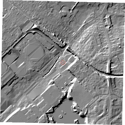 Shaded relief map of the ground around PE29JJ, computed from Environment Agency LiDAR. The ground here sits at about 10 m above sea level and falls 10 m across the surrounding 800 m. Surface water reaching this point runs off ground lying to the south-east, 0.6 m higher.
