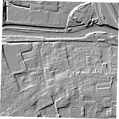 Shaded relief map of the ground around PE29LP, computed from Environment Agency LiDAR. The ground here sits at about 7 m above sea level and falls 10 m across the surrounding 800 m. Surface water reaching this point runs off ground lying to the south, 2.6 m higher.