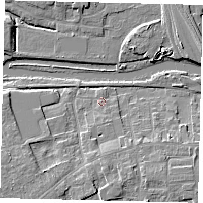 Shaded relief map of the ground around PE29LW, computed from Environment Agency LiDAR. The ground here sits at about 7 m above sea level and falls 10 m across the surrounding 800 m. Surface water reaching this point runs off ground lying to the south-south-east, 1.1 m higher.