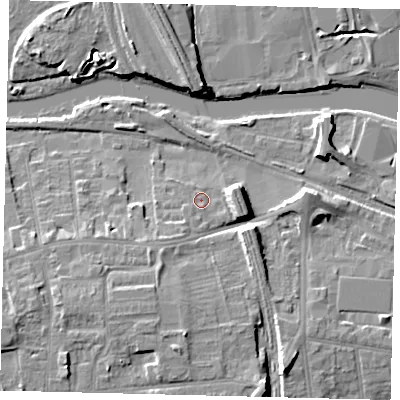 Shaded relief map of the ground around PE29NG, computed from Environment Agency LiDAR. The ground here sits at about 7 m above sea level and falls 10 m across the surrounding 800 m. Surface water reaching this point runs off ground lying to the south-west, 3.3 m higher.