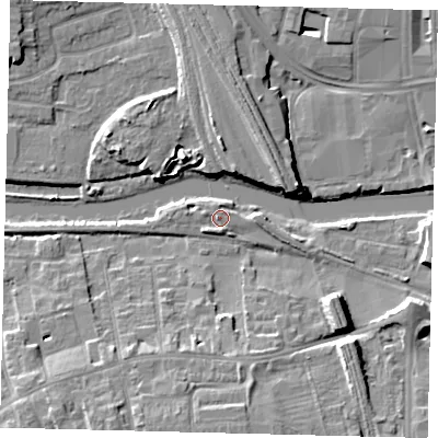 Shaded relief map of the ground around PE29NR, computed from Environment Agency LiDAR. The ground here sits at about 6 m above sea level and falls 9 m across the surrounding 800 m. Surface water reaching this point runs off ground lying to the south-west, 1.1 m higher.