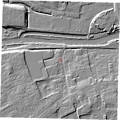 Shaded relief map of the ground around PE29NZ, computed from Environment Agency LiDAR. The ground here sits at about 6 m above sea level and falls 10 m across the surrounding 800 m. Surface water reaching this point runs off ground lying to the south-south-east, 8.0 m higher.