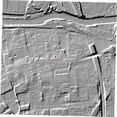 Shaded relief map of the ground around PE29PB, computed from Environment Agency LiDAR. The ground here sits at about 9 m above sea level and falls 10 m across the surrounding 800 m. Surface water reaching this point runs off ground lying to the south-south-west, 2.4 m higher.