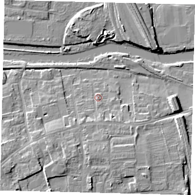 Shaded relief map of the ground around PE29PD, computed from Environment Agency LiDAR. The ground here sits at about 7 m above sea level and falls 10 m across the surrounding 800 m. Surface water reaching this point runs off ground lying to the south, 4.6 m higher.