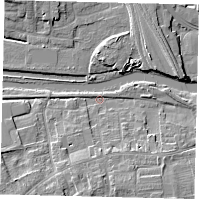 Shaded relief map of the ground around PE29PF, computed from Environment Agency LiDAR. The ground here sits at about 5 m above sea level and falls 10 m across the surrounding 800 m. Surface water reaching this point runs off ground lying to the south, 8.5 m higher.