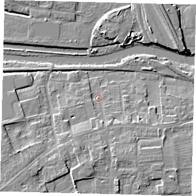 Shaded relief map of the ground around PE29PH, computed from Environment Agency LiDAR. The ground here sits at about 6 m above sea level and falls 10 m across the surrounding 800 m. Surface water reaching this point runs off ground lying to the south-south-west, 6.4 m higher.