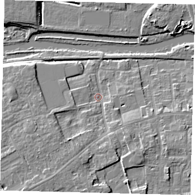 Shaded relief map of the ground around PE29PS, computed from Environment Agency LiDAR. The ground here sits at about 7 m above sea level and falls 10 m across the surrounding 800 m. Surface water reaching this point runs off ground lying to the south-south-east, 6.8 m higher.