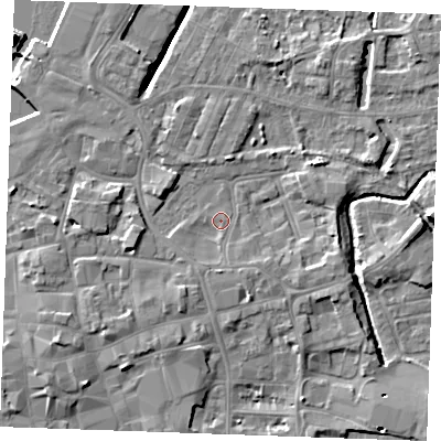 Shaded relief map of the ground around PE301AA, computed from Environment Agency LiDAR. The ground here sits at about 5 m above sea level and falls 12 m across the surrounding 800 m. Surface water reaching this point runs off ground lying to the south-east, 1.7 m higher.