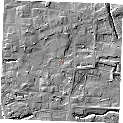 Shaded relief map of the ground around PE301AJ, computed from Environment Agency LiDAR. The ground here sits at about 5 m above sea level and falls 8 m across the surrounding 800 m. Surface water reaching this point runs off ground lying to the west-north-west, 1.1 m higher.