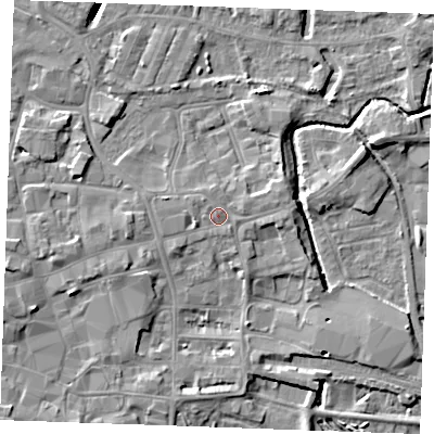 Shaded relief map of the ground around PE301AS, computed from Environment Agency LiDAR. The ground here sits at about 5 m above sea level and falls 7 m across the surrounding 800 m. Surface water reaching this point runs off ground lying to the west-south-west, 1.7 m higher.