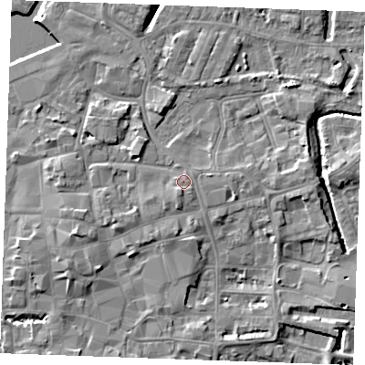 Shaded relief map of the ground around PE301AT, computed from Environment Agency LiDAR. The ground here sits at about 6 m above sea level and falls 7 m across the surrounding 800 m. Surface water reaching this point runs off ground lying to the south-south-west, 1.3 m higher.