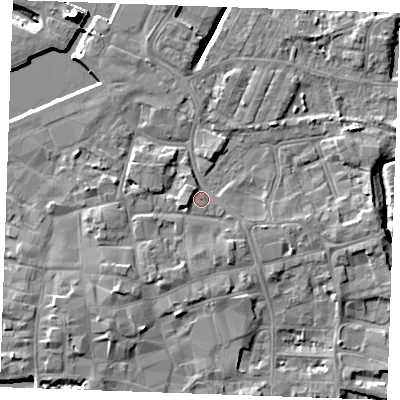 Shaded relief map of the ground around PE301BG, computed from Environment Agency LiDAR. The ground here sits at about 5 m above sea level and falls 13 m across the surrounding 800 m. Surface water reaching this point runs off ground lying to the west, 1.9 m higher.