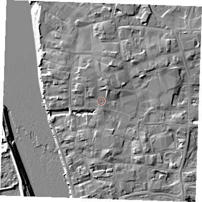 Shaded relief map of the ground around PE301BJ, computed from Environment Agency LiDAR. The ground here sits at about 6 m above sea level and falls 8 m across the surrounding 800 m. Surface water reaching this point runs off ground lying to the north-north-east, 2.2 m higher.