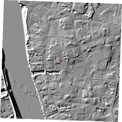 Shaded relief map of the ground around PE301BL, computed from Environment Agency LiDAR. The ground here sits at about 6 m above sea level and falls 8 m across the surrounding 800 m. Surface water reaching this point runs off ground lying to the north-east, 1.9 m higher.