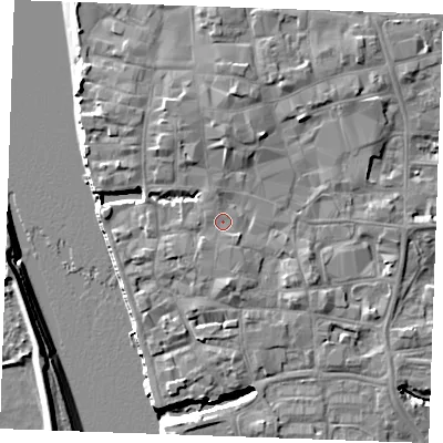 Shaded relief map of the ground around PE301BP, computed from Environment Agency LiDAR. The ground here sits at about 5 m above sea level and falls 9 m across the surrounding 800 m. Surface water reaching this point runs off ground lying to the south-west, 1.0 m higher.