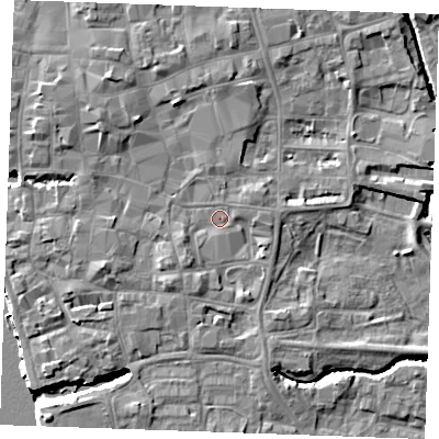 Shaded relief map of the ground around PE301BT, computed from Environment Agency LiDAR. The ground here sits at about 5 m above sea level and falls 9 m across the surrounding 800 m. Surface water reaching this point runs off ground lying to the north-west, 3.5 m higher.