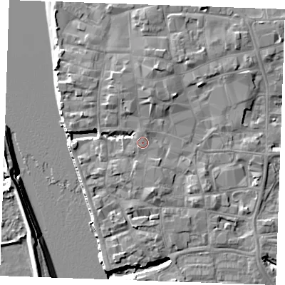 Shaded relief map of the ground around PE301BW, computed from Environment Agency LiDAR. The ground here sits at about 6 m above sea level and falls 9 m across the surrounding 800 m. Surface water reaching this point runs off ground lying to the south-south-east, 2.8 m higher.