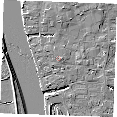 Shaded relief map of the ground around PE301BX, computed from Environment Agency LiDAR. The ground here sits at about 6 m above sea level and falls 10 m across the surrounding 800 m. Surface water reaching this point runs off ground lying to the east-south-east, 1.3 m higher.