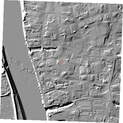 Shaded relief map of the ground around PE301DA, computed from Environment Agency LiDAR. The ground here sits at about 6 m above sea level and falls 9 m across the surrounding 800 m. Surface water reaching this point runs off ground lying to the west-south-west, 0.9 m higher.