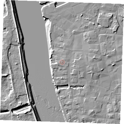Shaded relief map of the ground around PE301DB, computed from Environment Agency LiDAR. The ground here sits at about 6 m above sea level and falls 9 m across the surrounding 800 m. The ground contributing surface water to this point lies to the west-south-west.