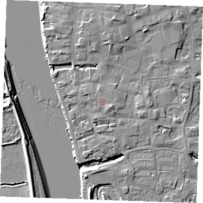 Shaded relief map of the ground around PE301DD, computed from Environment Agency LiDAR. The ground here sits at about 6 m above sea level and falls 10 m across the surrounding 800 m. The ground contributing surface water to this point lies to the west-north-west.