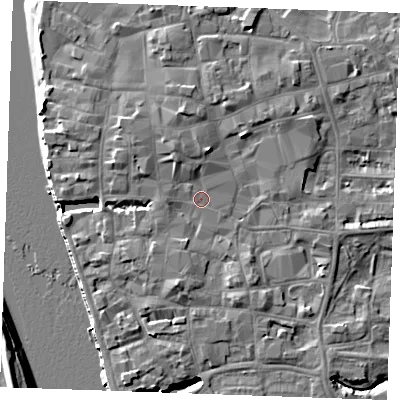 Shaded relief map of the ground around PE301DE, computed from Environment Agency LiDAR. The ground here sits at about 5 m above sea level and falls 8 m across the surrounding 800 m. Surface water reaching this point runs off ground lying to the north-north-west, 3.0 m higher.