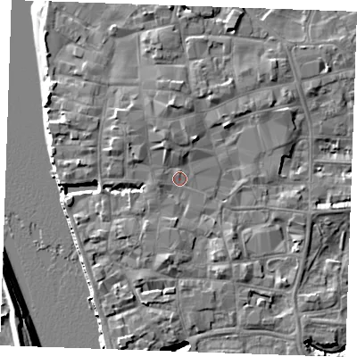 Shaded relief map of the ground around PE301DG, computed from Environment Agency LiDAR. The ground here sits at about 5 m above sea level and falls 8 m across the surrounding 800 m. Surface water reaching this point runs off ground lying to the north-north-west, 3.0 m higher.