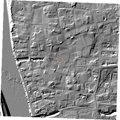 Shaded relief map of the ground around PE301DL, computed from Environment Agency LiDAR. The ground here sits at about 5 m above sea level and falls 8 m across the surrounding 800 m. Surface water reaching this point runs off ground lying to the north-north-west, 3.0 m higher.