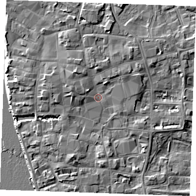 Shaded relief map of the ground around PE301DP, computed from Environment Agency LiDAR. The ground here sits at about 5 m above sea level and falls 8 m across the surrounding 800 m. Surface water reaching this point runs off ground lying to the north-west, 2.6 m higher.