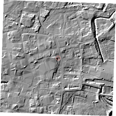 Shaded relief map of the ground around PE301DQ, computed from Environment Agency LiDAR. The ground here sits at about 5 m above sea level and falls 6 m across the surrounding 800 m. Surface water reaching this point runs off ground lying to the west-north-west, 2.1 m higher.
