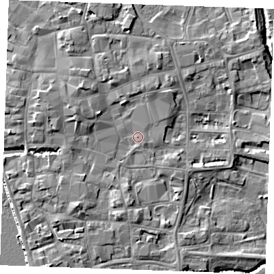 Shaded relief map of the ground around PE301DT, computed from Environment Agency LiDAR. The ground here sits at about 6 m above sea level and falls 8 m across the surrounding 800 m. Surface water reaching this point runs off ground lying to the north-west, 3.3 m higher.