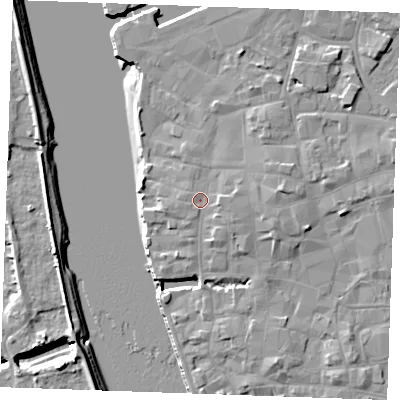 Shaded relief map of the ground around PE301DU, computed from Environment Agency LiDAR. The ground here sits at about 6 m above sea level and falls 8 m across the surrounding 800 m. Surface water reaching this point runs off ground lying to the east-north-east, 1.7 m higher.