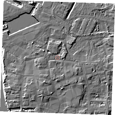 Shaded relief map of the ground around PE301DZ, computed from Environment Agency LiDAR. The ground here sits at about 5 m above sea level and falls 13 m across the surrounding 800 m. Surface water reaching this point runs off ground lying to the south-south-west, 2.5 m higher.