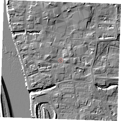 Shaded relief map of the ground around PE301EH, computed from Environment Agency LiDAR. The ground here sits at about 5 m above sea level and falls 10 m across the surrounding 800 m. Surface water reaching this point runs off ground lying to the west-north-west, 2.2 m higher.