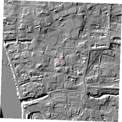 Shaded relief map of the ground around PE301EJ, computed from Environment Agency LiDAR. The ground here sits at about 6 m above sea level and falls 10 m across the surrounding 800 m. Surface water reaching this point runs off ground lying to the south-south-west, 1.2 m higher.