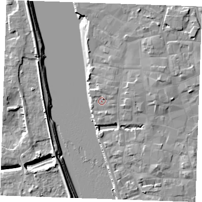 Shaded relief map of the ground around PE301EN, computed from Environment Agency LiDAR. The ground here sits at about 5 m above sea level and falls 9 m across the surrounding 800 m. Surface water reaching this point runs off ground lying to the north, 1.4 m higher.