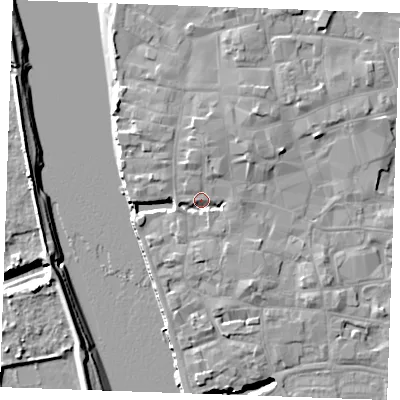 Shaded relief map of the ground around PE301ER, computed from Environment Agency LiDAR. The ground here sits at about 5 m above sea level and falls 8 m across the surrounding 800 m. Surface water reaching this point runs off ground lying to the north, 3.4 m higher.