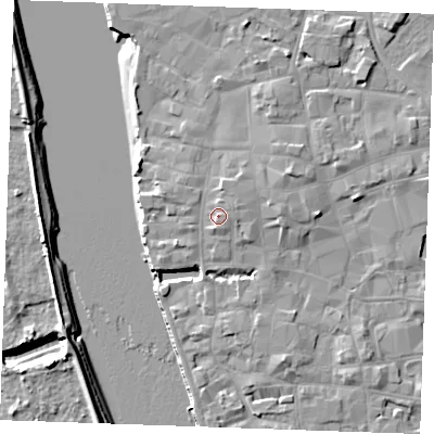 Shaded relief map of the ground around PE301ES, computed from Environment Agency LiDAR. The ground here sits at about 7 m above sea level and falls 8 m across the surrounding 800 m. Surface water reaching this point runs off ground lying to the north, 1.2 m higher.