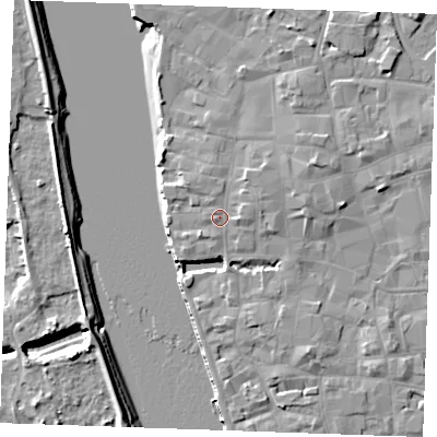 Shaded relief map of the ground around PE301ET, computed from Environment Agency LiDAR. The ground here sits at about 6 m above sea level and falls 9 m across the surrounding 800 m. Surface water reaching this point runs off ground lying to the east, 1.5 m higher.