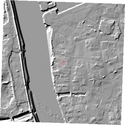 Shaded relief map of the ground around PE301EU, computed from Environment Agency LiDAR. The ground here sits at about 5 m above sea level and falls 9 m across the surrounding 800 m. Surface water reaching this point runs off ground lying to the south-south-east, 1.0 m higher.